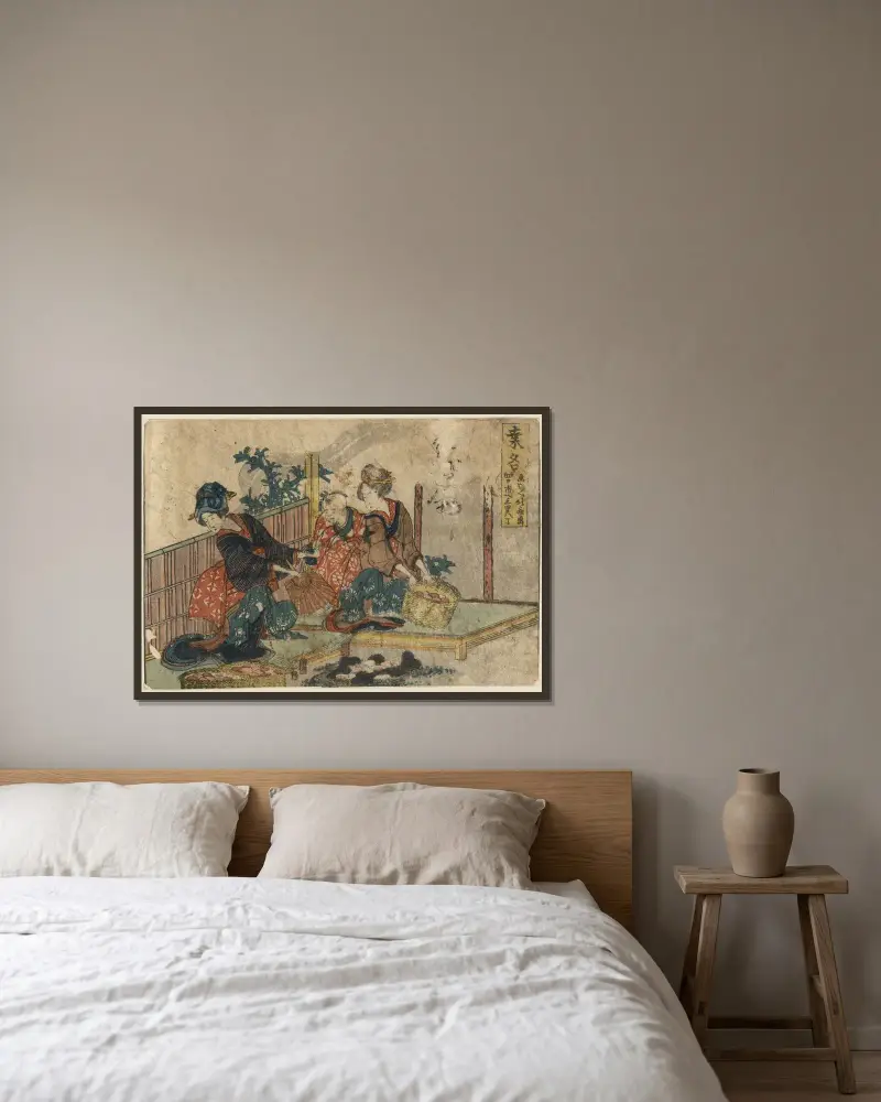 Kuwana av Katsushika Hokusai inramad på en vägg