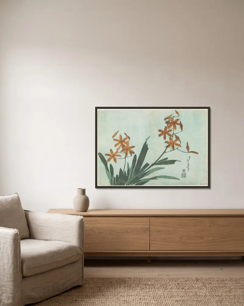 Leopard Lily av Katsushika Hokusai inramad på en vägg