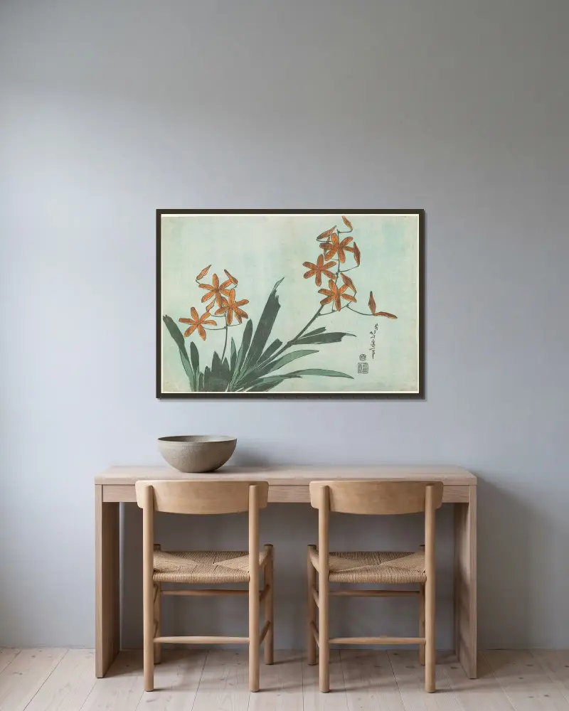 Leopard Lily av Katsushika Hokusai inramad på en vägg