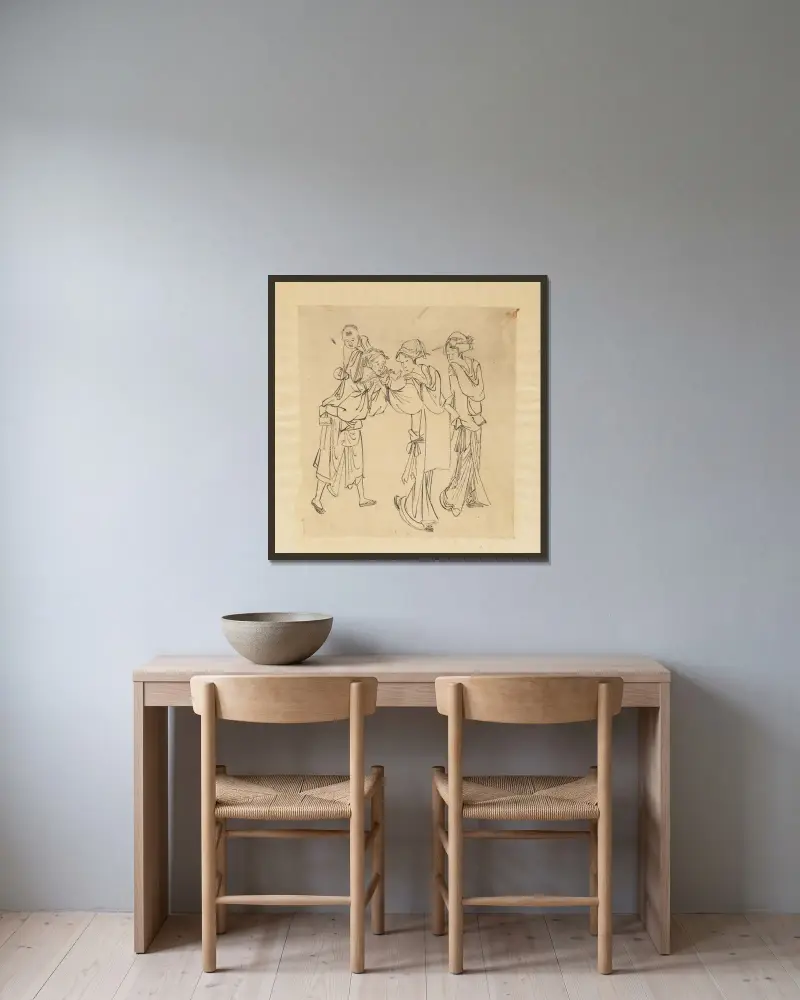 Man, två kvinnor och ett barn av Katsushika Hokusai inramad på en vägg
