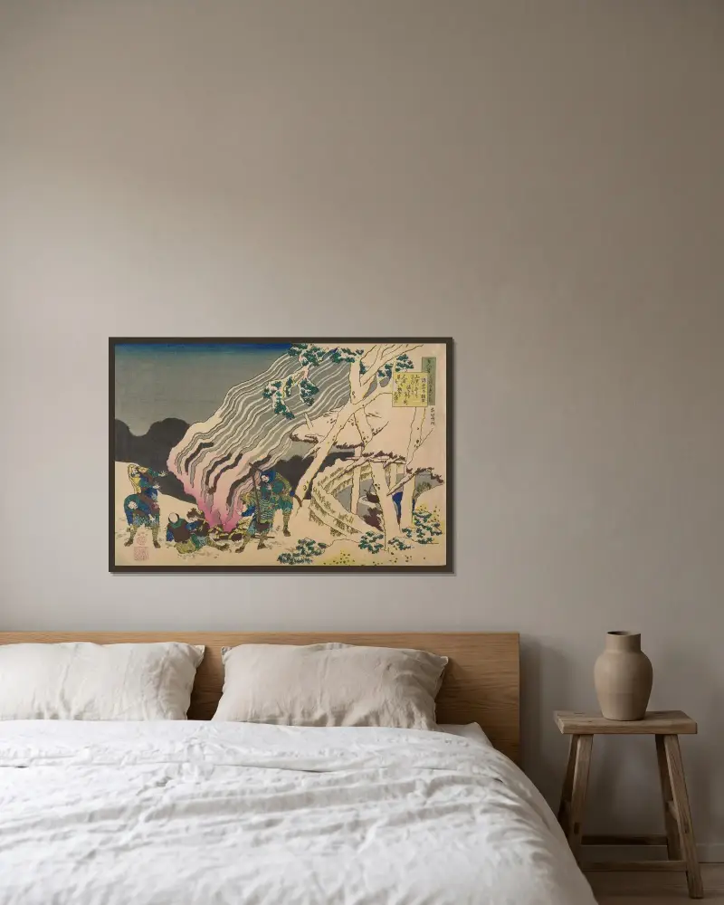 Minamoto no muneyuki ason av Katsushika Hokusai inramad på en vägg