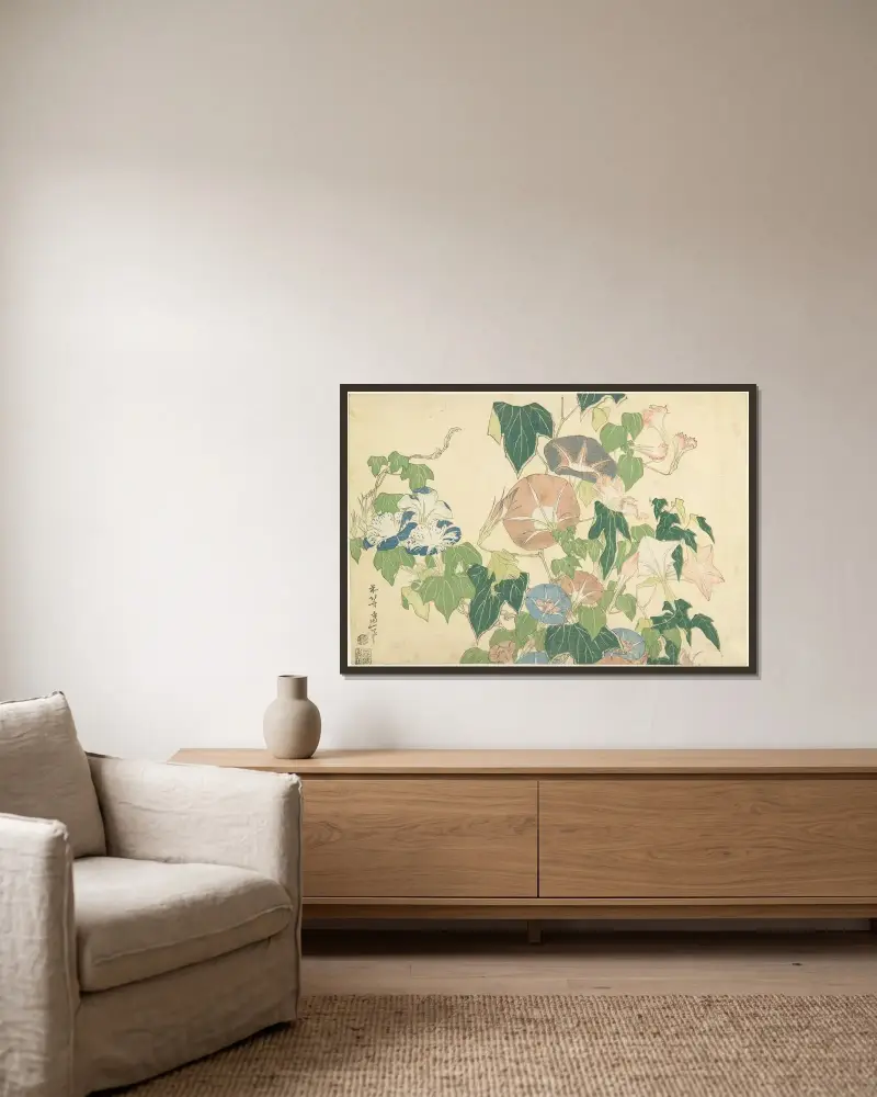 Morgonblommor och trädgroda av Katsushika Hokusai inramad på en vägg