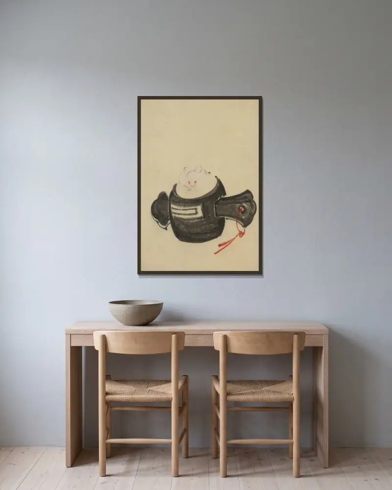 Mus framifrån, sittande på en klubba med rött band genom ett hål i skaftet av Katsushika Hokusai inramad på en vägg