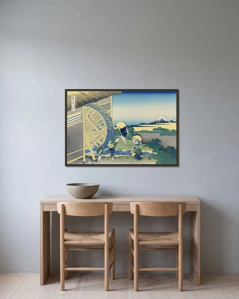 Onden no suisha av Katsushika Hokusai inramad på en vägg