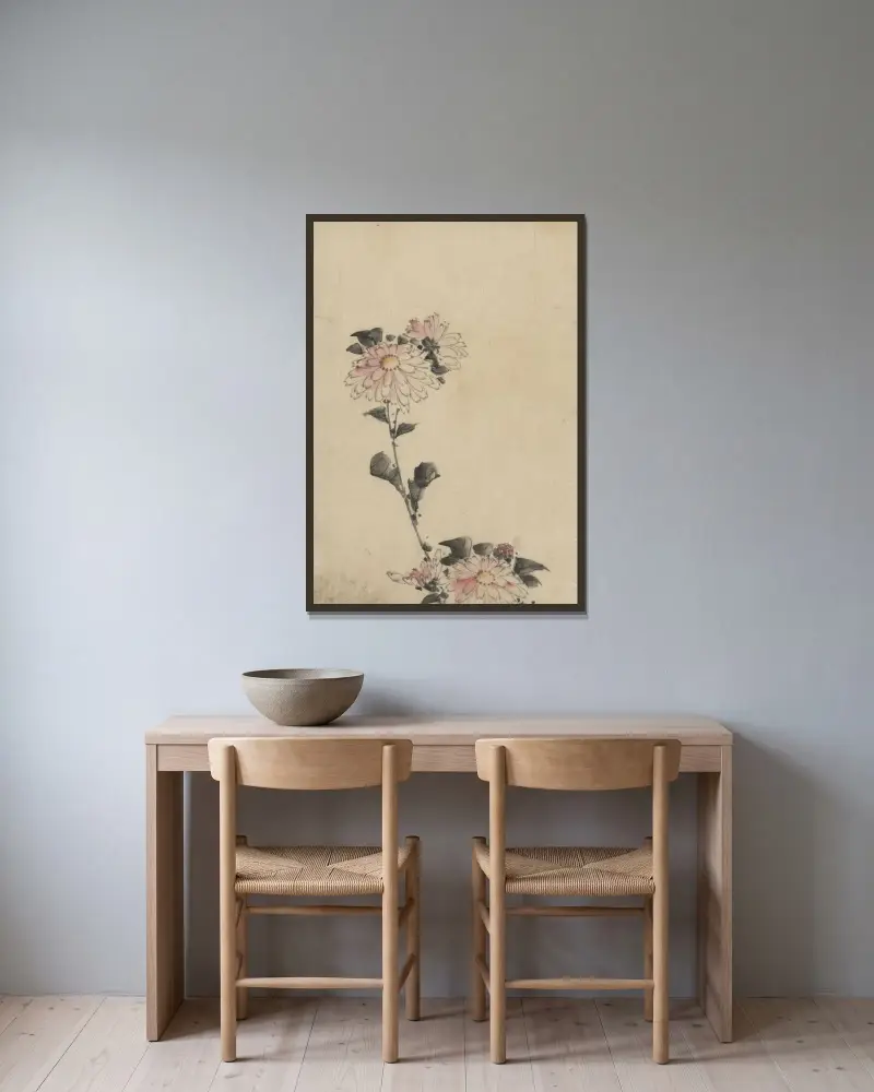 Rosa Blüten am niedrigen Stängel und zwei am hohen Stängel von Katsushika Hokusai gerahmt an einer Wand