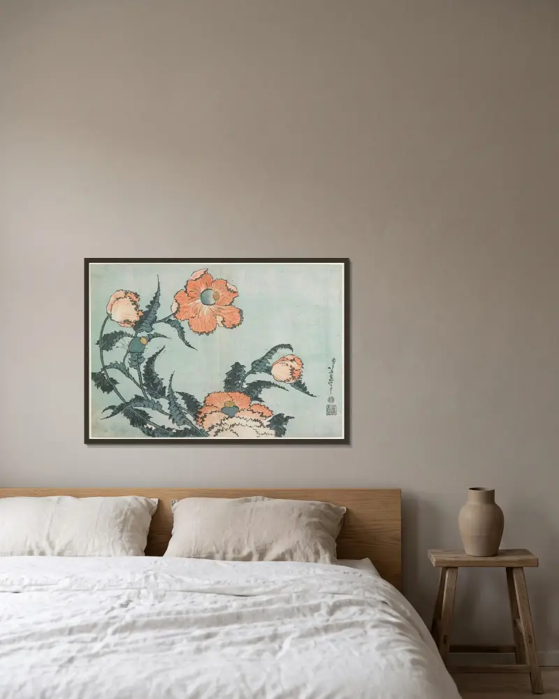 Poppies av Katsushika Hokusai inramad på en vägg