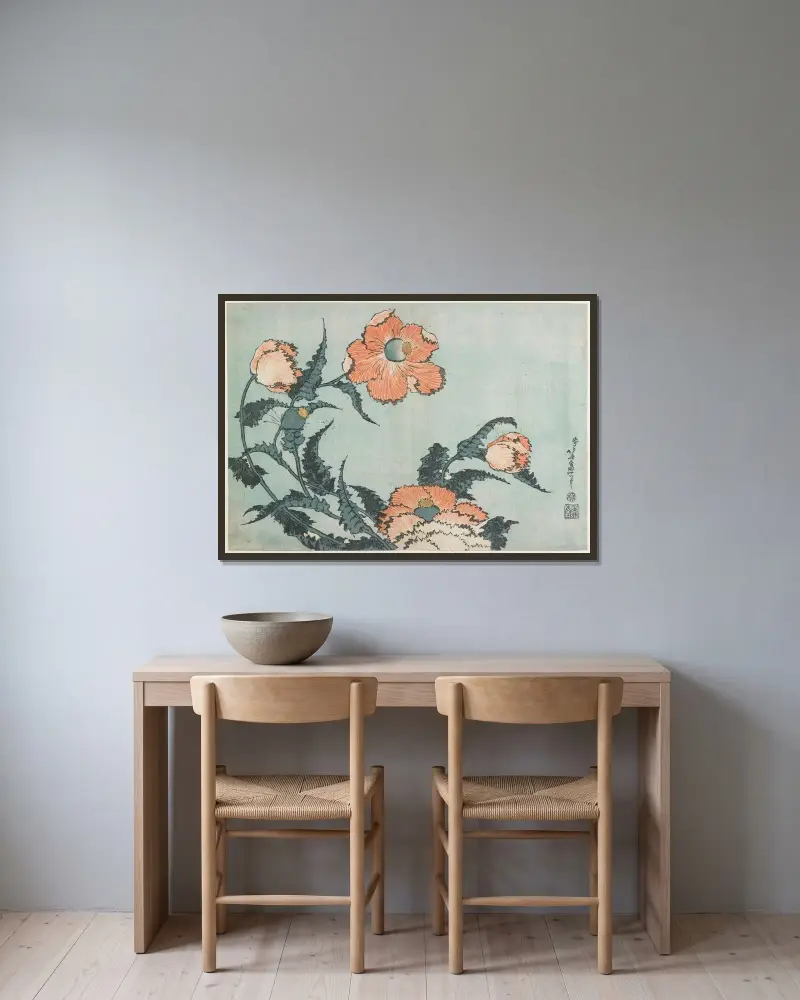 Poppies av Katsushika Hokusai inramad på en vägg