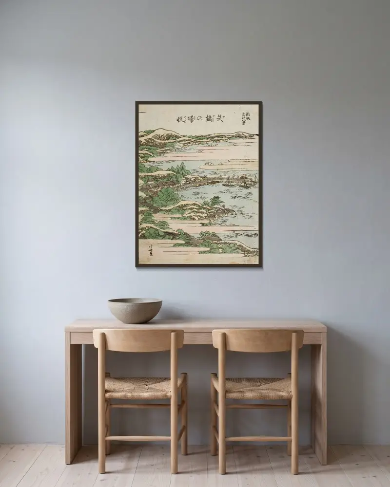 Zurückkehrende Segel bei Yabase von Katsushika Hokusai gerahmt an einer Wand