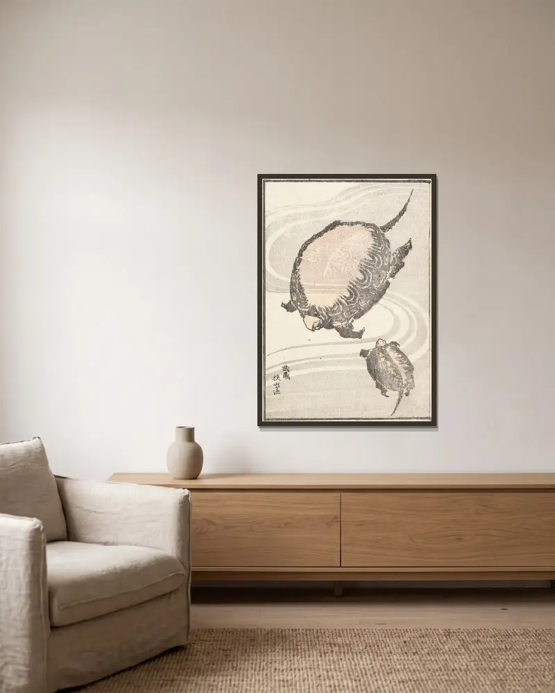 Dammen Sayama-ga-ike i Musashi-provinsen av Katsushika Hokusai inramad på en vägg