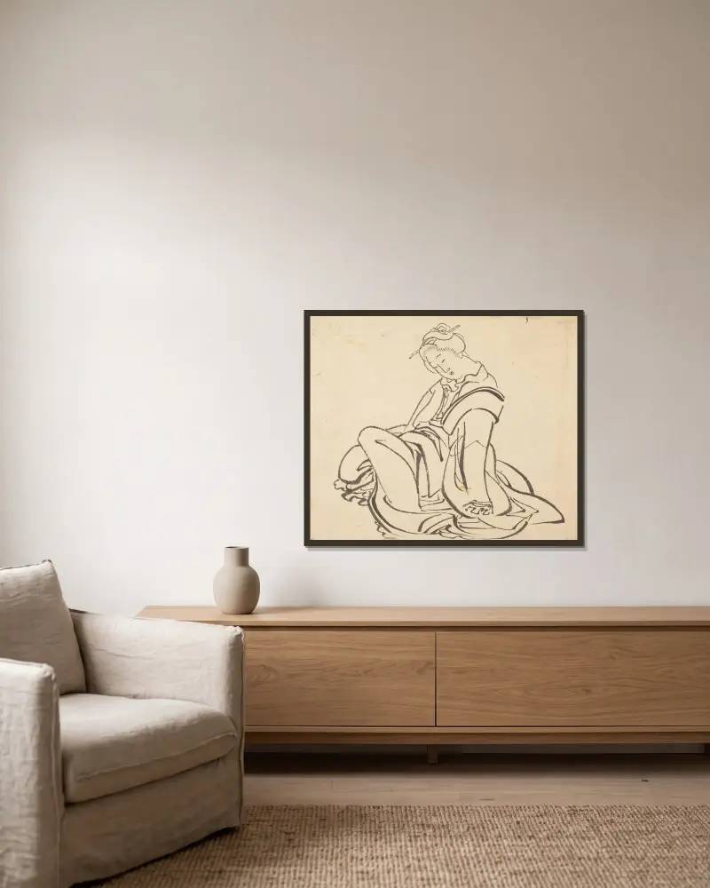 Sittande kvinna av Katsushika Hokusai inramad på en vägg