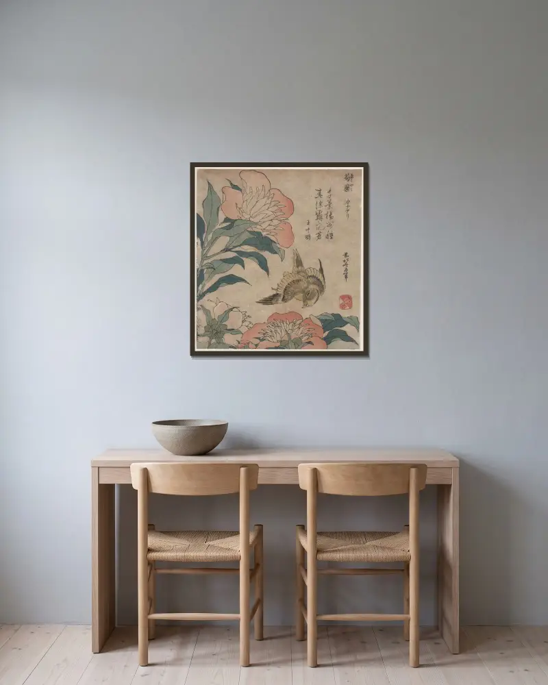 Pioner, 1833 av Katsushika Hokusai inramad på en vägg