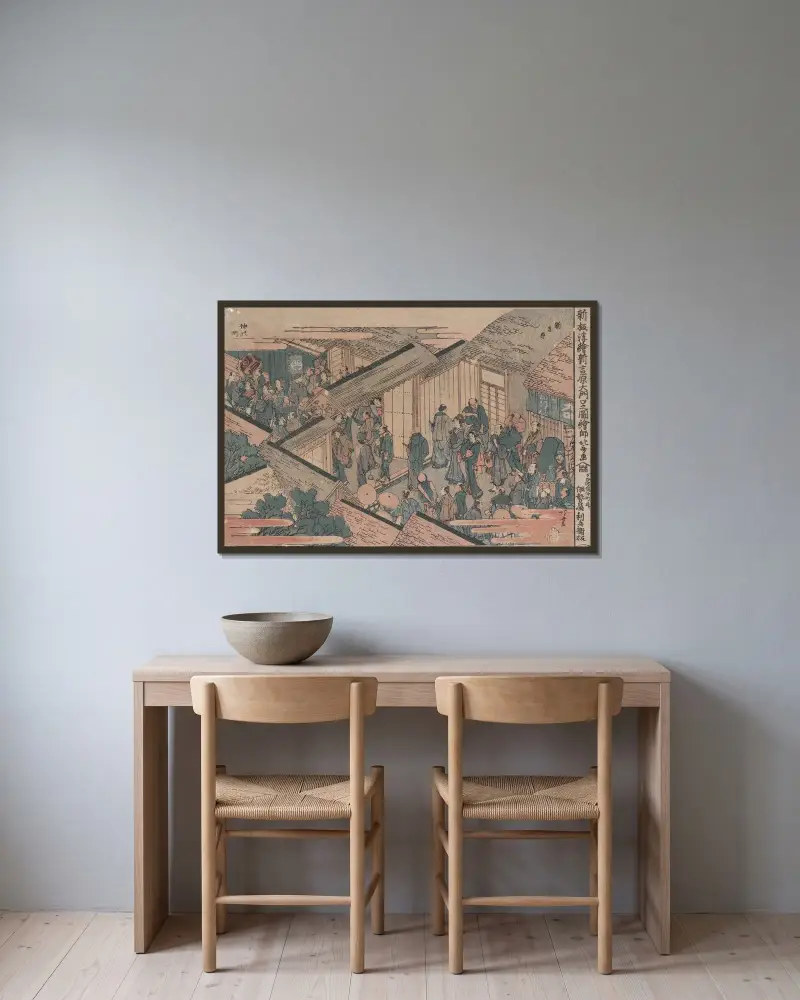 Shinpan ukie shin yoshiwara ōmonuchi no zu av Katsushika Hokusai inramad på en vägg