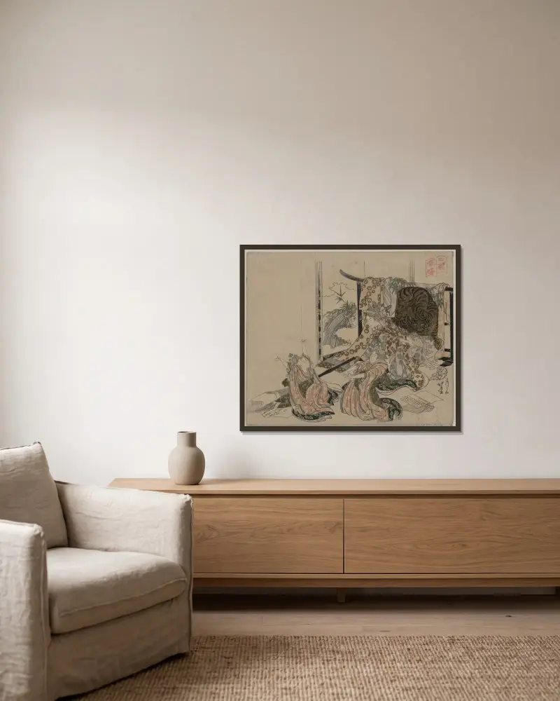 Shisui shinshō av Katsushika Hokusai inramad på en vägg