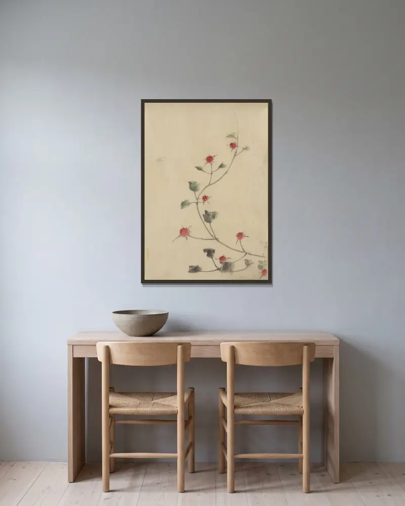 Kleine rote Blüten an einer Ranke von Katsushika Hokusai gerahmt an einer Wand