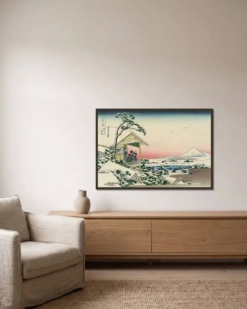 Tehuset i Koishikawa morgonen efter ett snöfall av Katsushika Hokusai inramad på en vägg