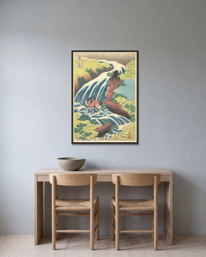 Der Wasserfall, an dem Yoshitsune in Yoshino in der Provinz Yamato sein Pferd wusch von Katsushika Hokusai gerahmt an einer Wand