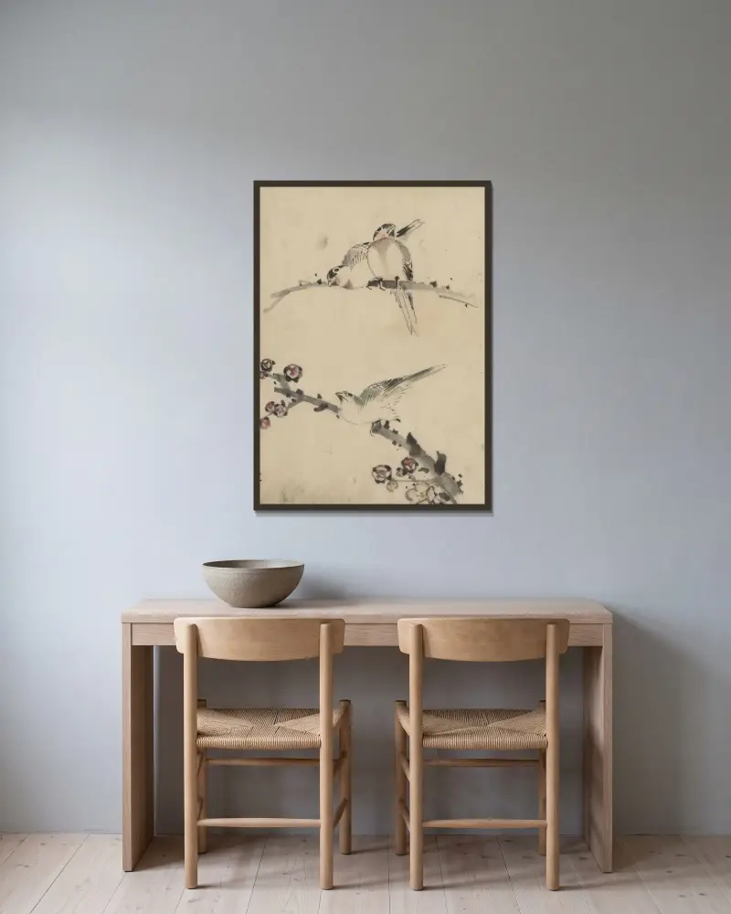 Three birds perched on branches, one with blossoms av Katsushika Hokusai inramad på en vägg