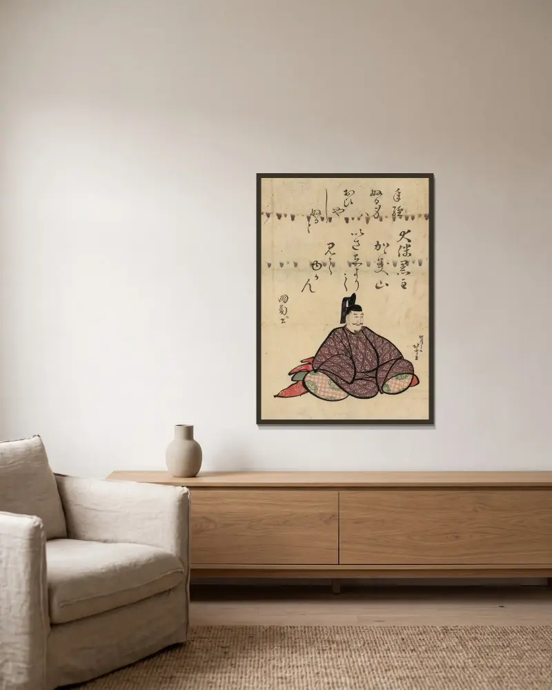 Ōtomo no kuronushi av Katsushika Hokusai inramad på en vägg
