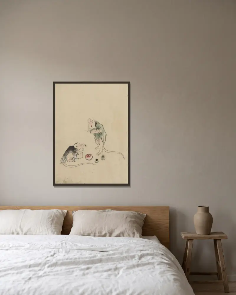 Two mice av Katsushika Hokusai inramad på en vägg