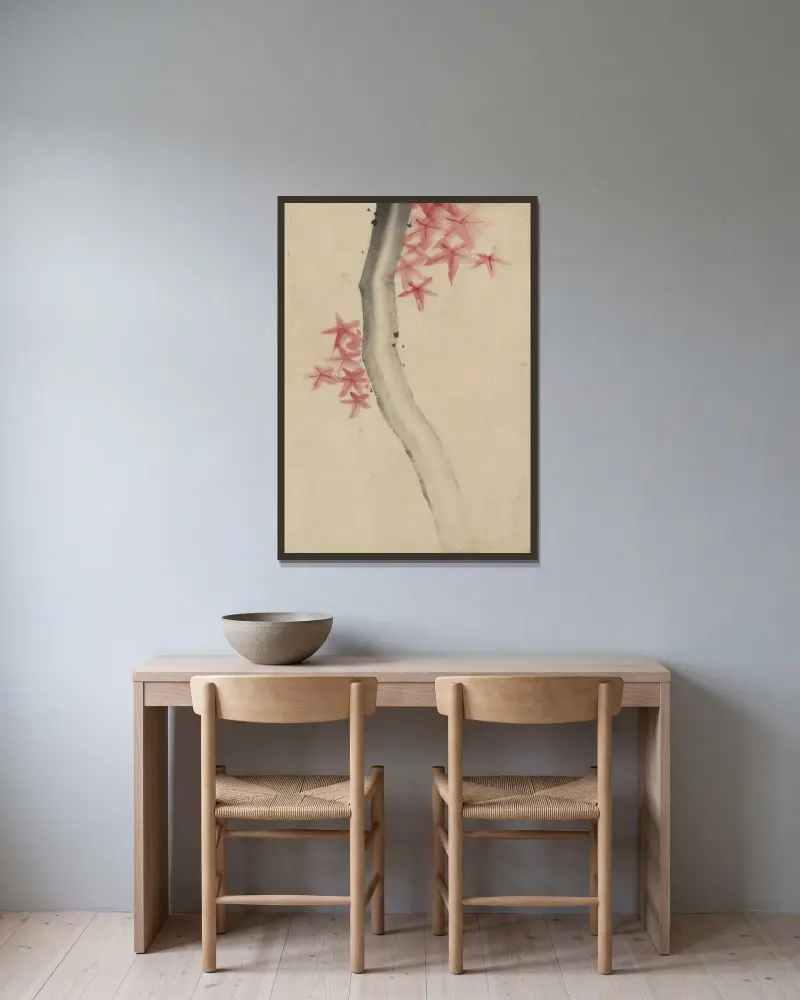 Oidentifierad, möjligen en trädgren med röda stjärnformade löv eller blommor av Katsushika Hokusai inramad på en vägg