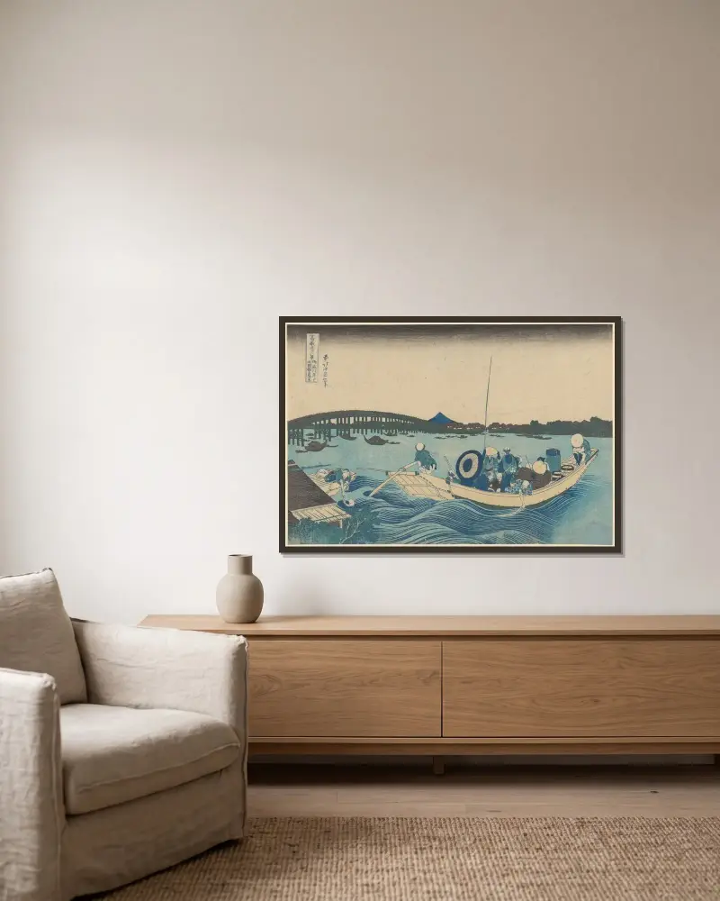 Solnedgång över Ryōgoku-bron från Ommaya-strandkanten av Katsushika Hokusai inramad på en vägg