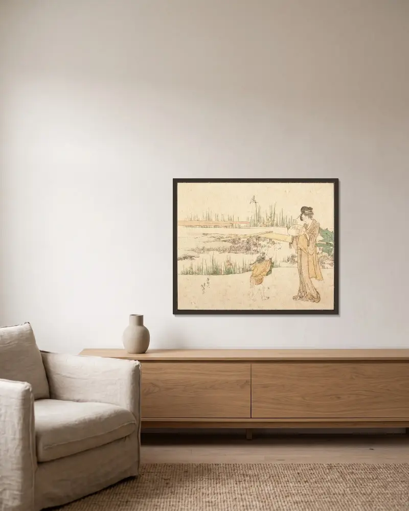 Frau und Kind in einem Garten; Fragment des Goldfischhändlers von Katsushika Hokusai gerahmt an einer Wand