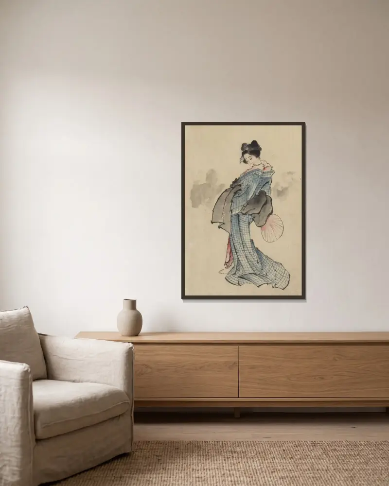 Kvinna, helfigursporträtt, stående, vänd åt vänster, håller solfjäder i höger hand, bär kimono med rutmönster av Katsushika Hokusai inramad på en vägg