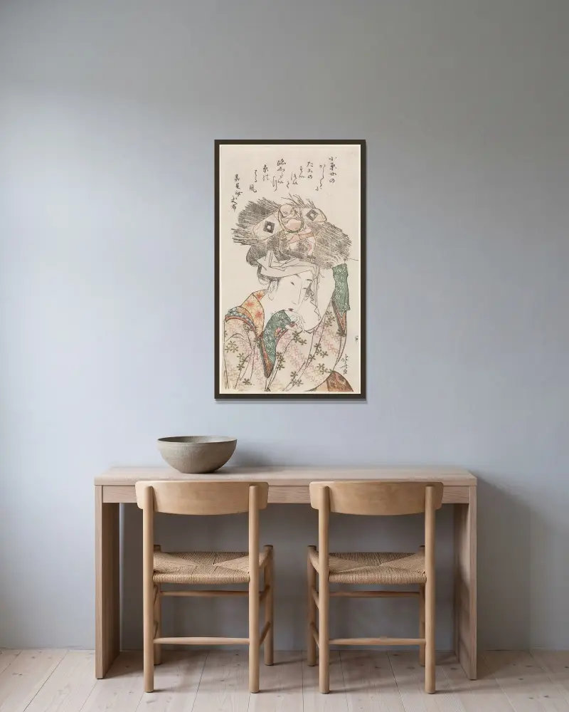 Kvinna från Ōhara med vedknippe och drake av Katsushika Hokusai inramad på en vägg