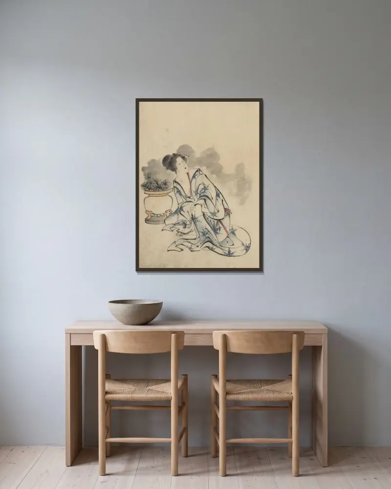 Kvinna, möjligen en kurtisan, sittande bredvid en blomkruka av Katsushika Hokusai inramad på en vägg