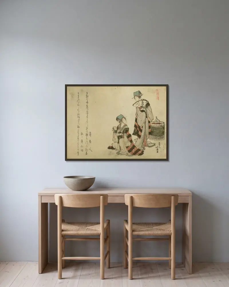 Sparvar i Yoshiwara av Katsushika Hokusai inramad på en vägg