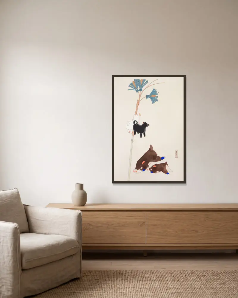 Kyosens samlade illustrationer av japanska leksaker, pl. 002 av Kawasaki Kyosen inramad på en vägg