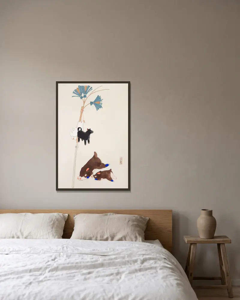 Kyosens samlade illustrationer av japanska leksaker, pl. 002 av Kawasaki Kyosen inramad på en vägg