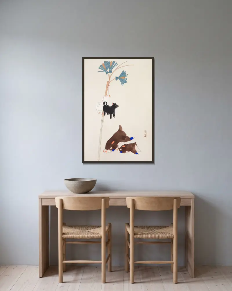 Kyosens samlade illustrationer av japanska leksaker, pl. 002 av Kawasaki Kyosen inramad på en vägg