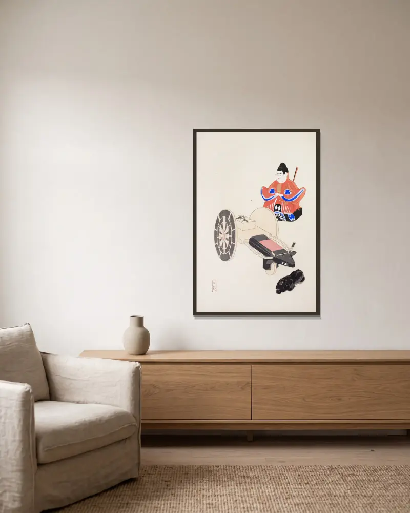 Kyosens samlade illustrationer av japanska leksaker, pl. 003 av Kawasaki Kyosen inramad på en vägg