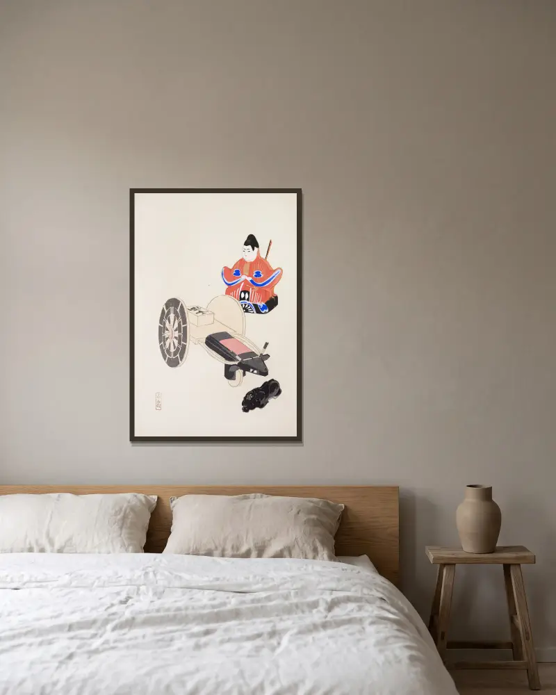 Kyosens samlade illustrationer av japanska leksaker, pl. 003 av Kawasaki Kyosen inramad på en vägg