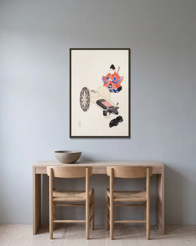 Kyosens samlade illustrationer av japanska leksaker, pl. 003 av Kawasaki Kyosen inramad på en vägg