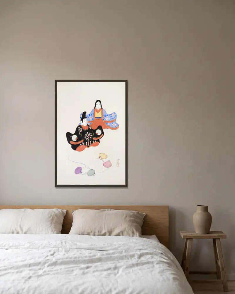 Kyosens samlade illustrationer av japanska leksaker, pl. 005 av Kawasaki Kyosen inramad på en vägg