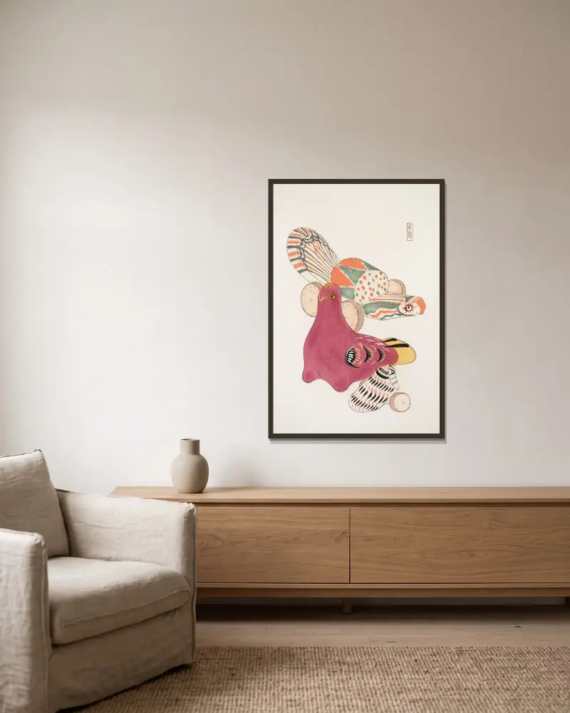 Kyosens samlade illustrationer av japanska leksaker, pl. 006 av Kawasaki Kyosen inramad på en vägg