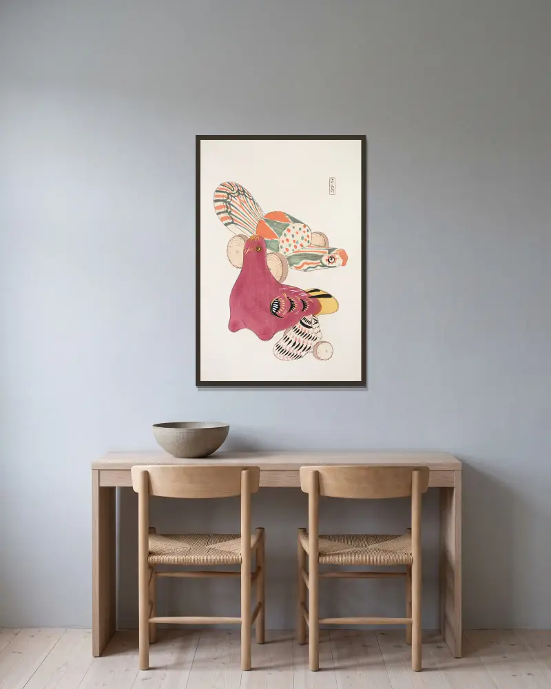 Kyosens samlade illustrationer av japanska leksaker, pl. 006 av Kawasaki Kyosen inramad på en vägg