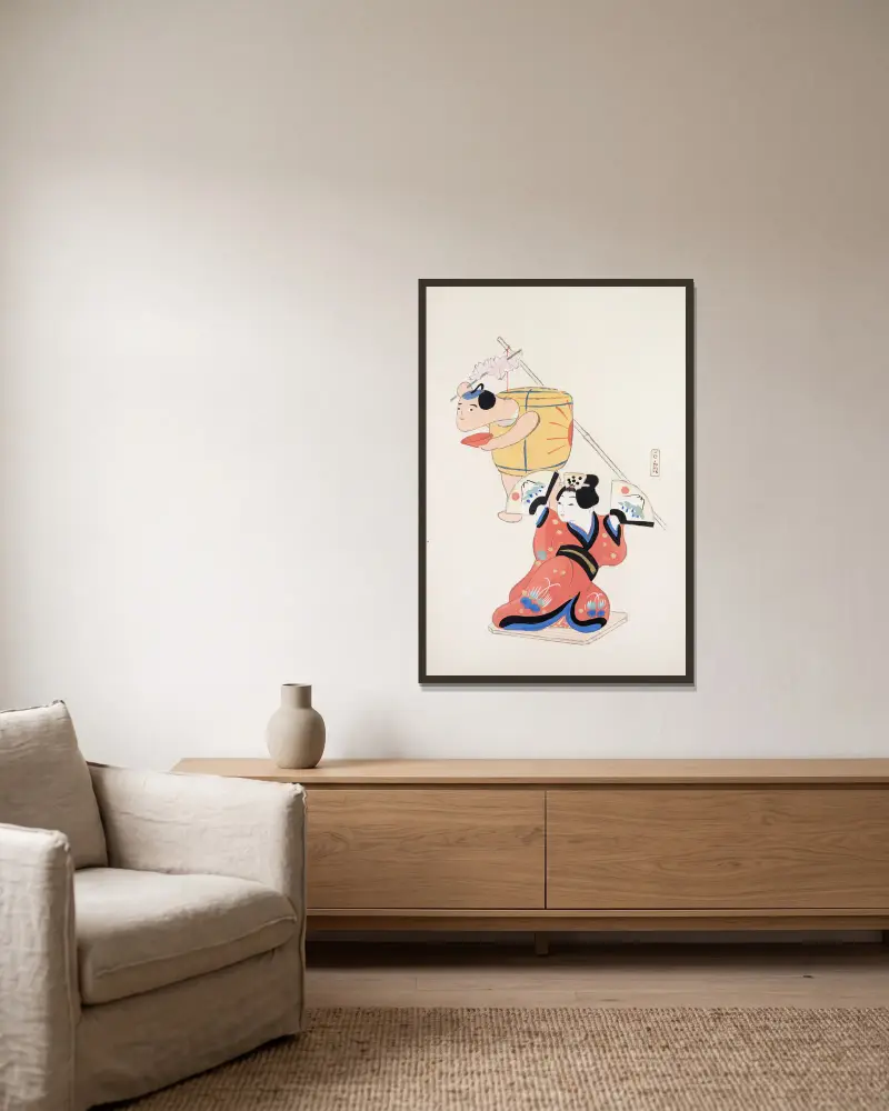 Kyosens samlade illustrationer av japanska leksaker, plansch 10 av Kawasaki Kyosen inramad på en vägg