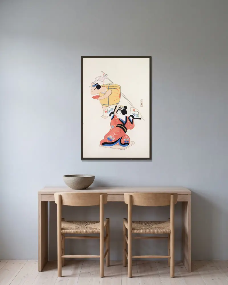 Kyosens samlade illustrationer av japanska leksaker, plansch 10 av Kawasaki Kyosen inramad på en vägg