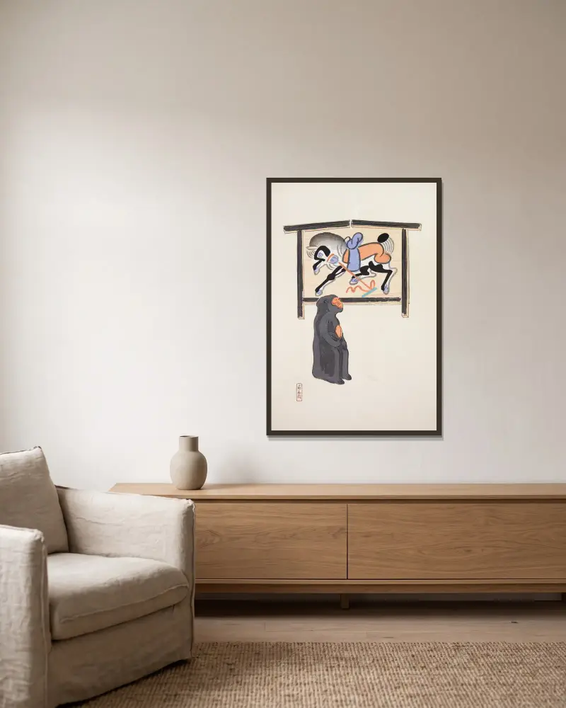 Kyosens samlade illustrationer av japanska leksaker, plansch 012 av Kawasaki Kyosen inramad på en vägg
