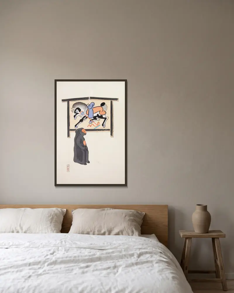Kyosens samlade illustrationer av japanska leksaker, plansch 012 av Kawasaki Kyosen inramad på en vägg
