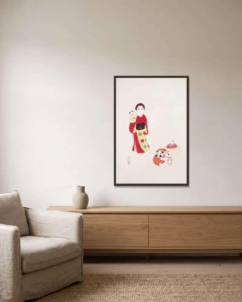 Kyosens gesammelte Illustrationen japanischer Spielzeuge, Taf. 14 von Kawasaki Kyosen gerahmt an einer Wand