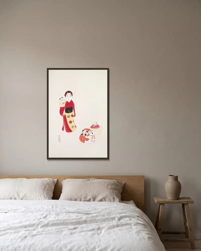 Kyosens gesammelte Illustrationen japanischer Spielzeuge, Taf. 14 von Kawasaki Kyosen gerahmt an einer Wand