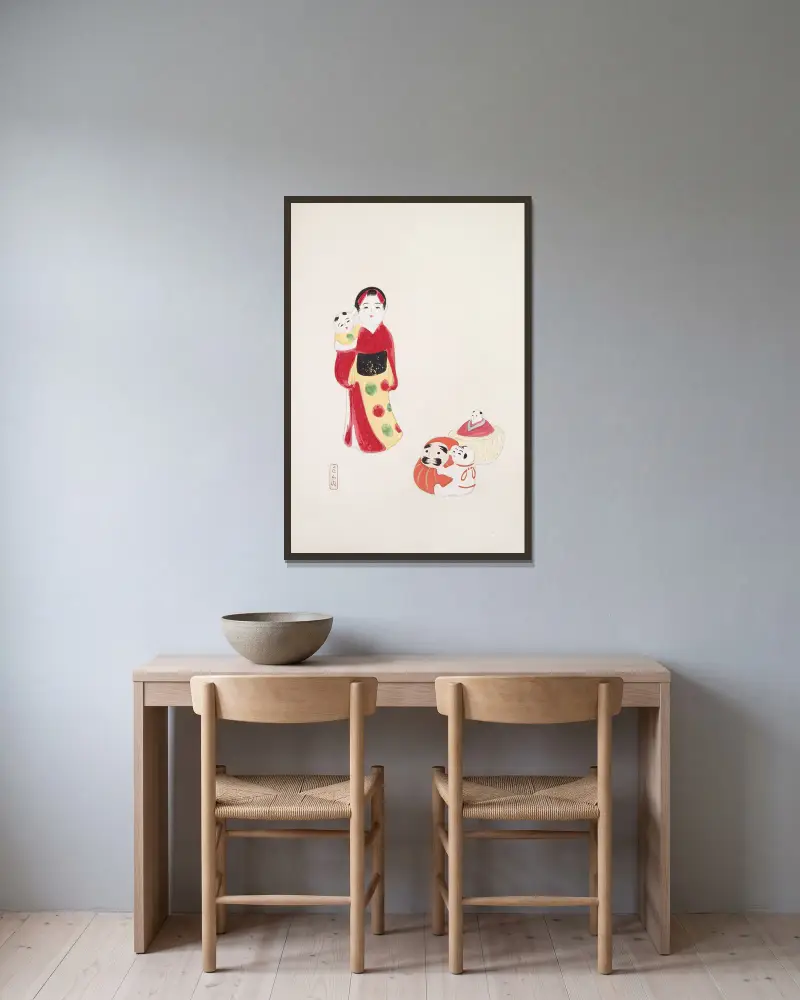 Kyosens gesammelte Illustrationen japanischer Spielzeuge, Taf. 14 von Kawasaki Kyosen gerahmt an einer Wand