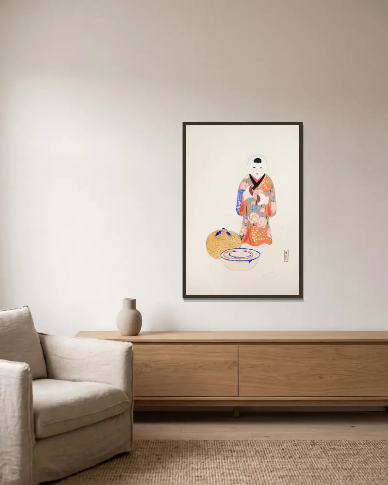 Kyosens samlade illustrationer av japanska leksaker, plansch 016 av Kawasaki Kyosen inramad på en vägg