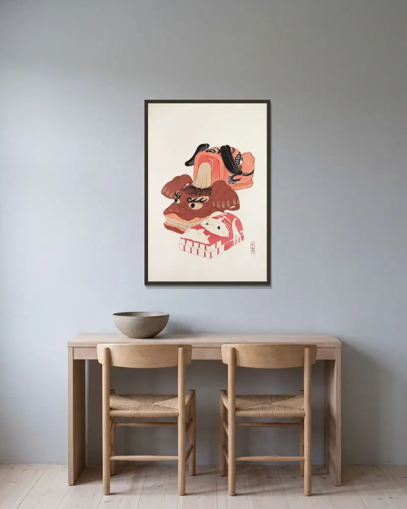 Kyosens samlade illustrationer av japanska leksaker, plansch 018 av Kawasaki Kyosen inramad på en vägg