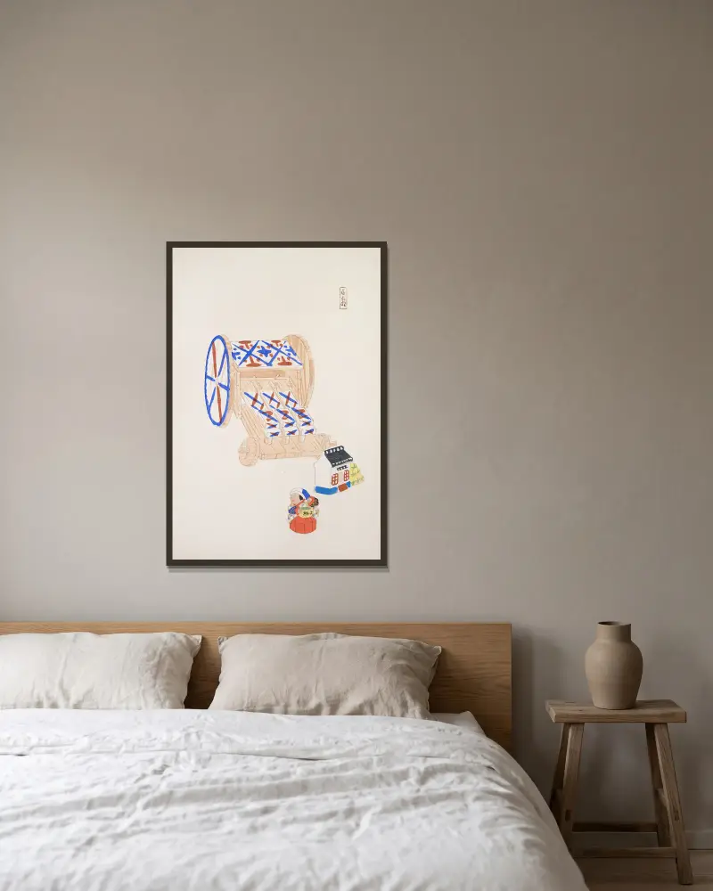 Kyosens samlade illustrationer av japanska leksaker, plansch 023 av Kawasaki Kyosen inramad på en vägg
