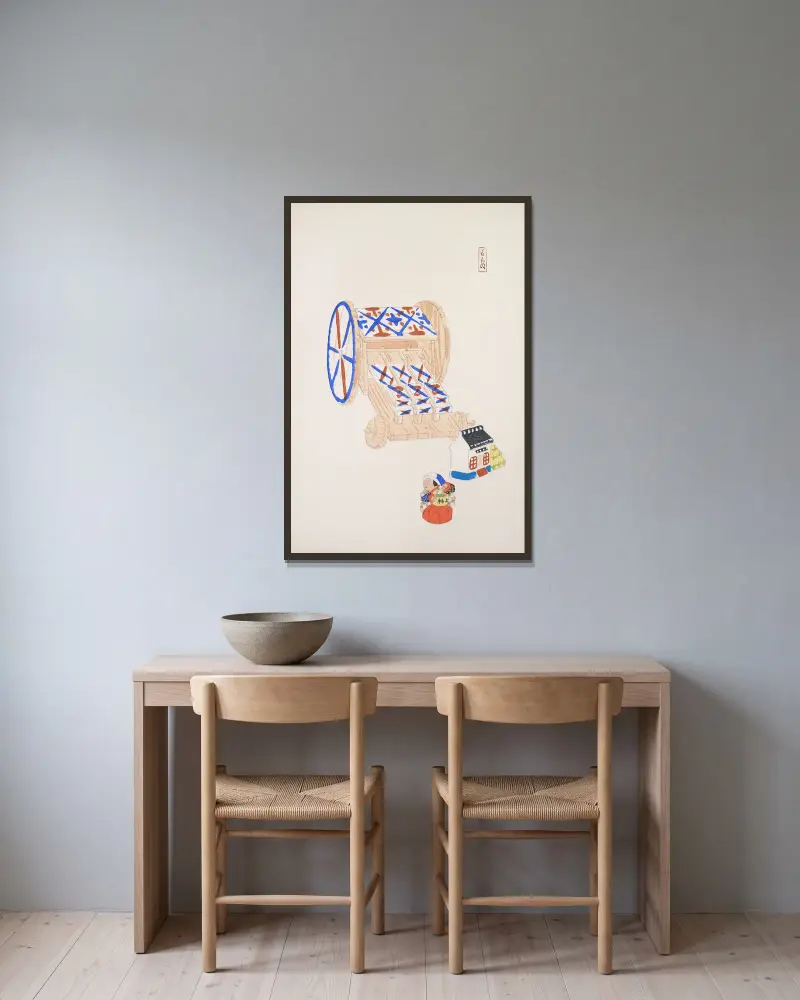 Kyosens samlade illustrationer av japanska leksaker, plansch 023 av Kawasaki Kyosen inramad på en vägg